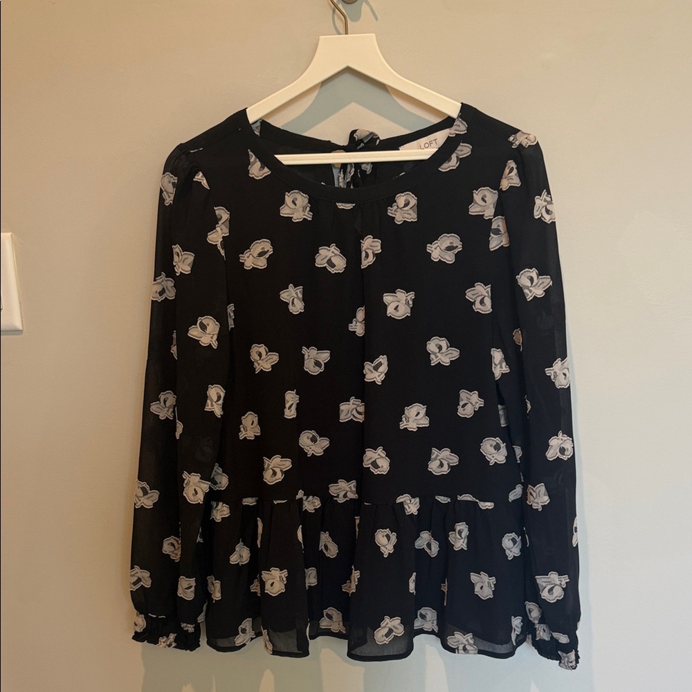 LOFT Black Floral-Print Peplum Tunic